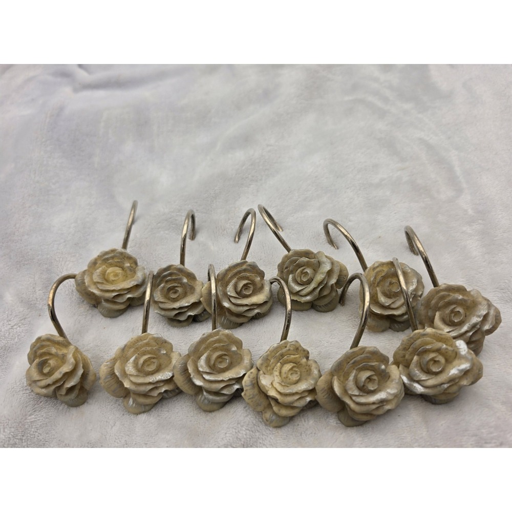 Vintage PINK Bordeaux Rose Shower Curtain Hooks Set of 12 Resin CottageCore Grey
